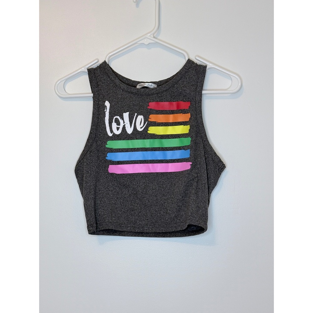 Phixworld Love Rainbow Pride Sleeveless Crop Top Tank‎ Heather Gray Small